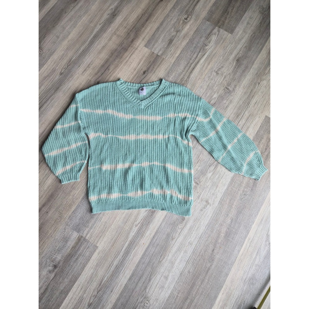 Like Love Womens Mint Green Striped V-Neck Cotton Knit Sweater JOE1-198 Small
